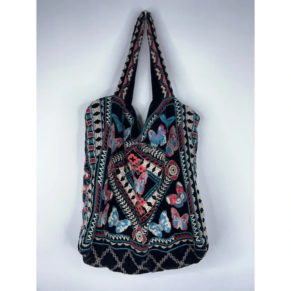 Johnny Was Handbags - Johnny Was Embroidered Velvet Butterfly Tote Bag Colorful Boho Slouchy Purse